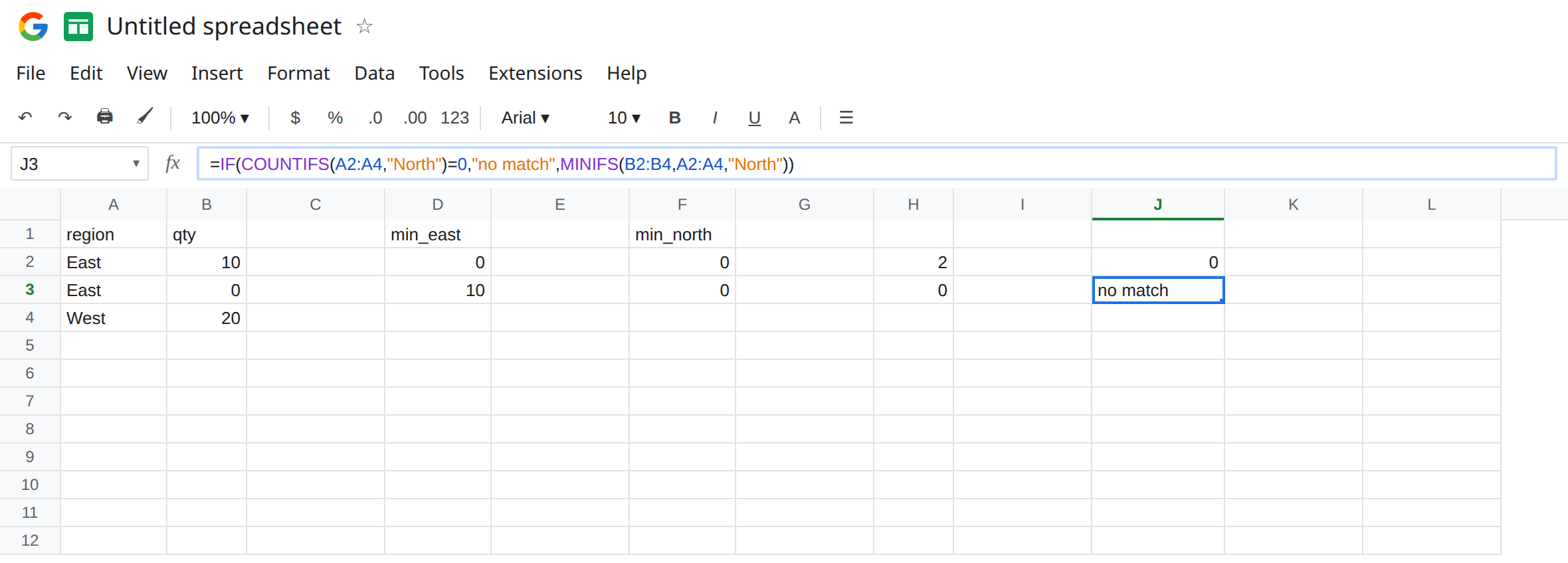 J3 selected. Formula bar shows =IF(COUNTIFS(A2:A4,"North")=0,"no match",MINIFS(B2:B4,A2:A4,"North")). J3 is no match. F2 is still 0. J2 is 0 for East because that minimum is real. D3 is 10.