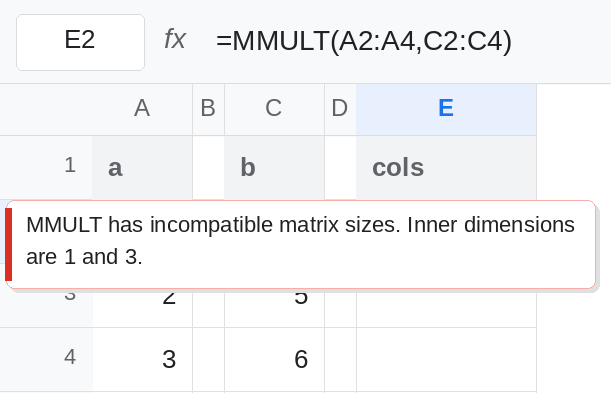 E2 selected. Formula bar shows =MMULT(A2:A4,C2:C4). E2 is #VALUE!. A2:A4 is 1, 2, 3. C2:C4 is 4, 5, 6. The tooltip names incompatible matrix sizes.