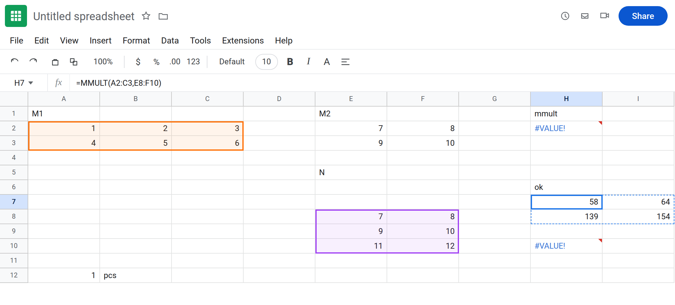 H7 selected. Formula bar shows =MMULT(A2:C3,E8:F10). H7:I8 is 58 / 64 / 139 / 154 with no error triangle. H2 is still #VALUE!. A2:C3 is 2×3. E8:F10 is 3×2.