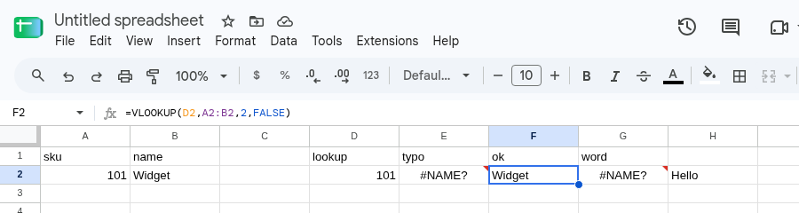 F2 selected. Formula bar shows =VLOOKUP(D2,A2,2,FALSE). F2 is Widget. E2 is still #NAME? from VLOKUP.