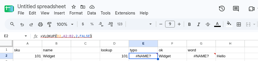 E2 selected. Formula bar shows =VLOKUP(D2,A2,2,FALSE). E2 is #NAME?. F2 is Widget from the correct VLOOKUP.