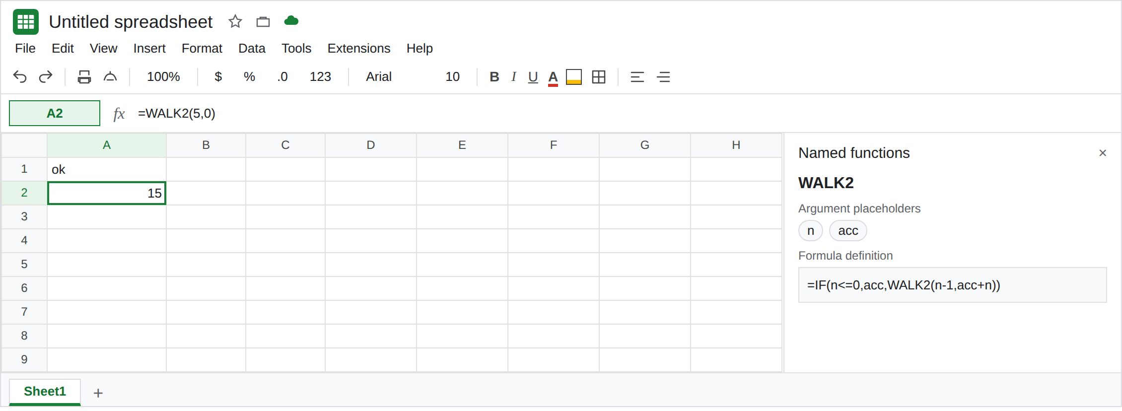 A2 selected. Formula bar shows =WALK2(5,0). A2 is 15. Named functions shows WALK2 with placeholders n and acc, and a definition that calls WALK2(n-1,acc+n).