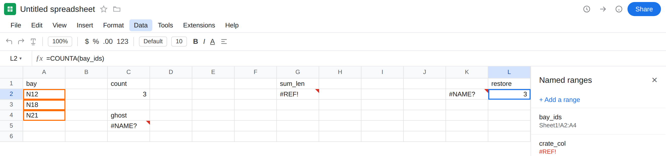 L2 selected. Formula bar shows =COUNTA(bay_ids). L2 is 3 with no error triangle. Named ranges lists bay_ids = Sheet1!A2:A4. C5 is still #NAME? from ghost_bays. G2 is still #REF!.