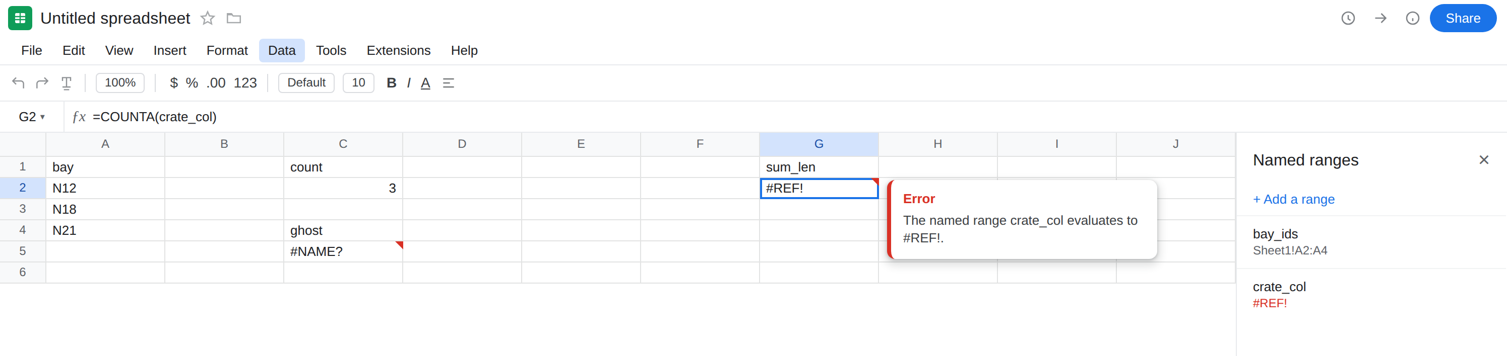 G2 selected. Formula bar shows =COUNTA(crate_col). G2 is #REF!. Named ranges sidebar shows crate_col = #REF!.