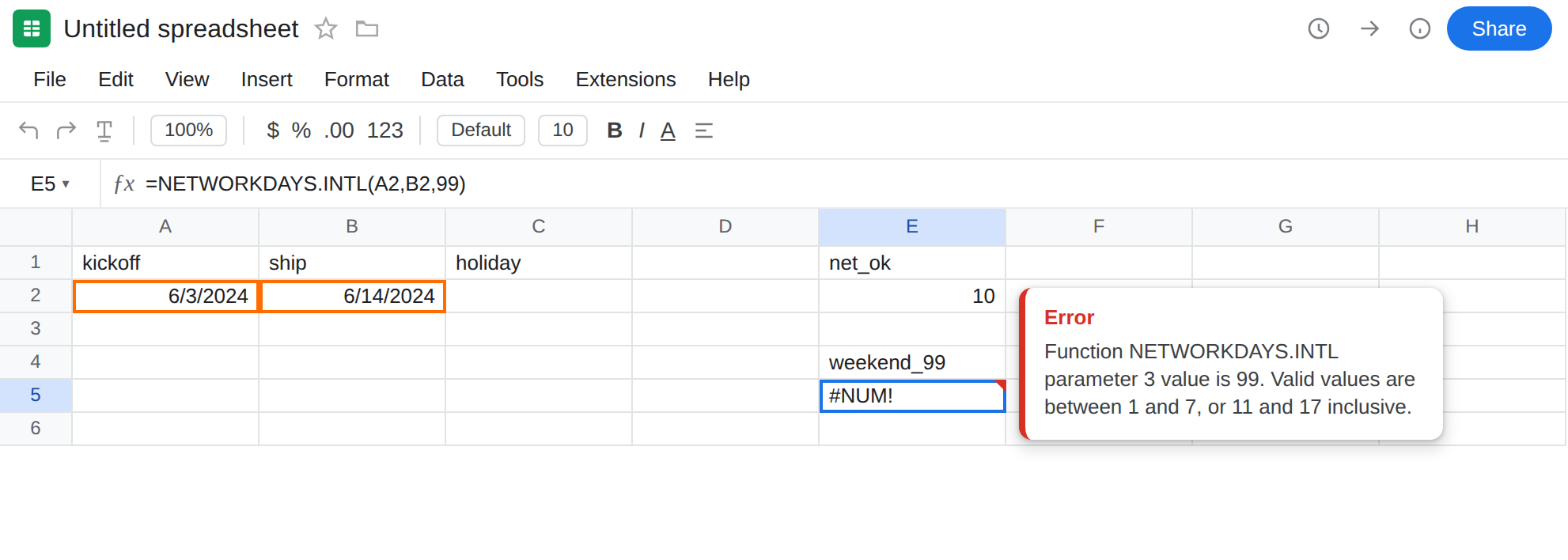 E5 selected. Formula bar shows =NETWORKDAYS.INTL(A2,B2,99). E5 is #NUM!. Tooltip: Function NETWORKDAYS.INTL parameter 3 value is 99. Valid values are between 1 and 7, or 11 and 17 inclusive. E2 is still 10.