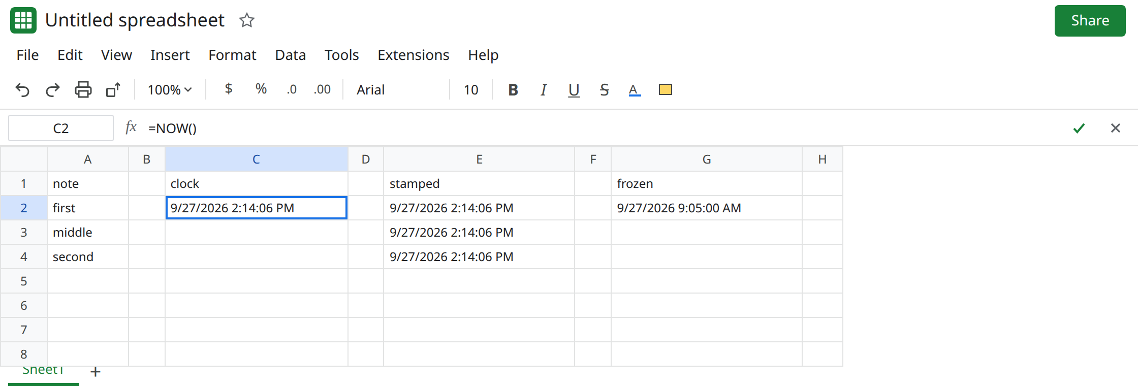 C2 selected. Formula bar shows =NOW(). One timestamp. E2 still has ARRAYFORMULA with NOW, and E2:E4 share one moving time. A value-only timestamp cell has an empty formula bar and does not match the new clock.