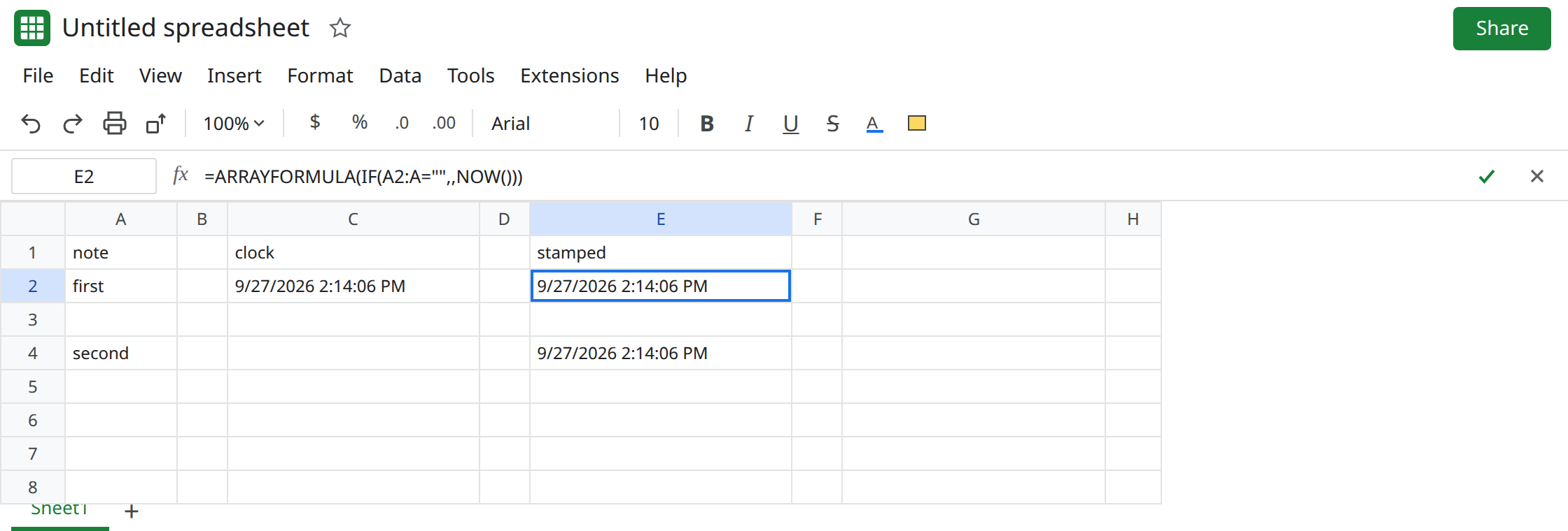 E2 selected. Formula bar shows =ARRAYFORMULA(IF(A2:A="",,NOW())). E2 and E4 show the same timestamp. E3 is blank. A2 is first. A4 is second. C2 is =NOW() and matches E2.