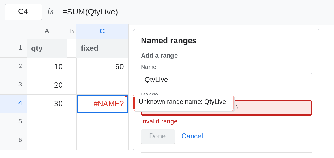The Named ranges sidebar with a name QtyLive and a range box containing OFFSET of A2 with COUNTA. The range is not accepted. C4 shows #NAME? from =SUM(QtyLive). C2 is 60 from the real name QtyFixed on A2:A4.