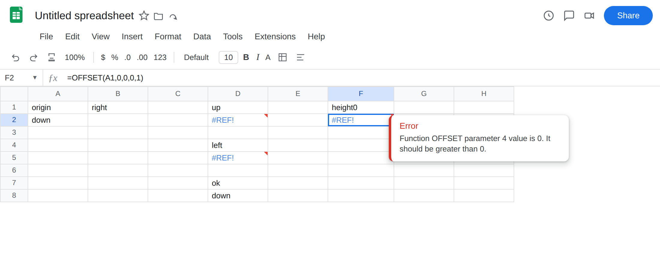F2 selected. Formula bar shows =OFFSET(A1,0,0,0,1). F2 is #REF!. Tooltip: Function OFFSET parameter 4 value is 0. It should be greater than 0. D2 is still #REF!. D8 is down.