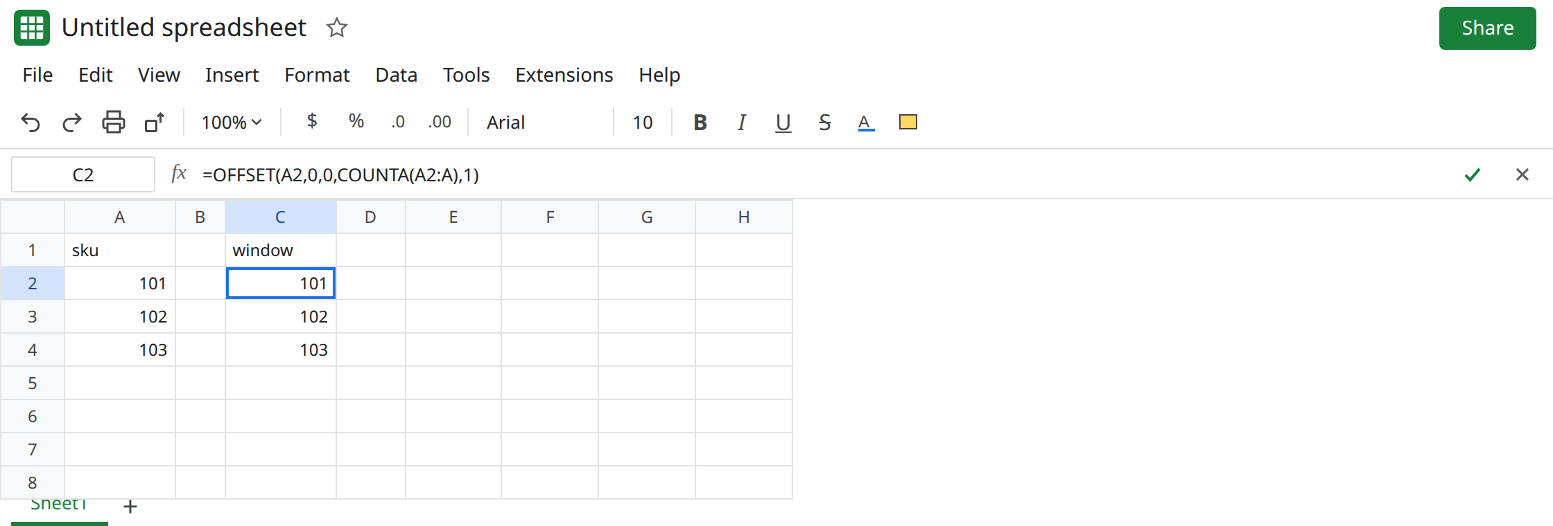 C2 selected. Formula bar shows =OFFSET(A2,0,0,COUNTA(A2:A),1). C2:C4 spill 101, 102, 103. No error triangle. A5 is blank.