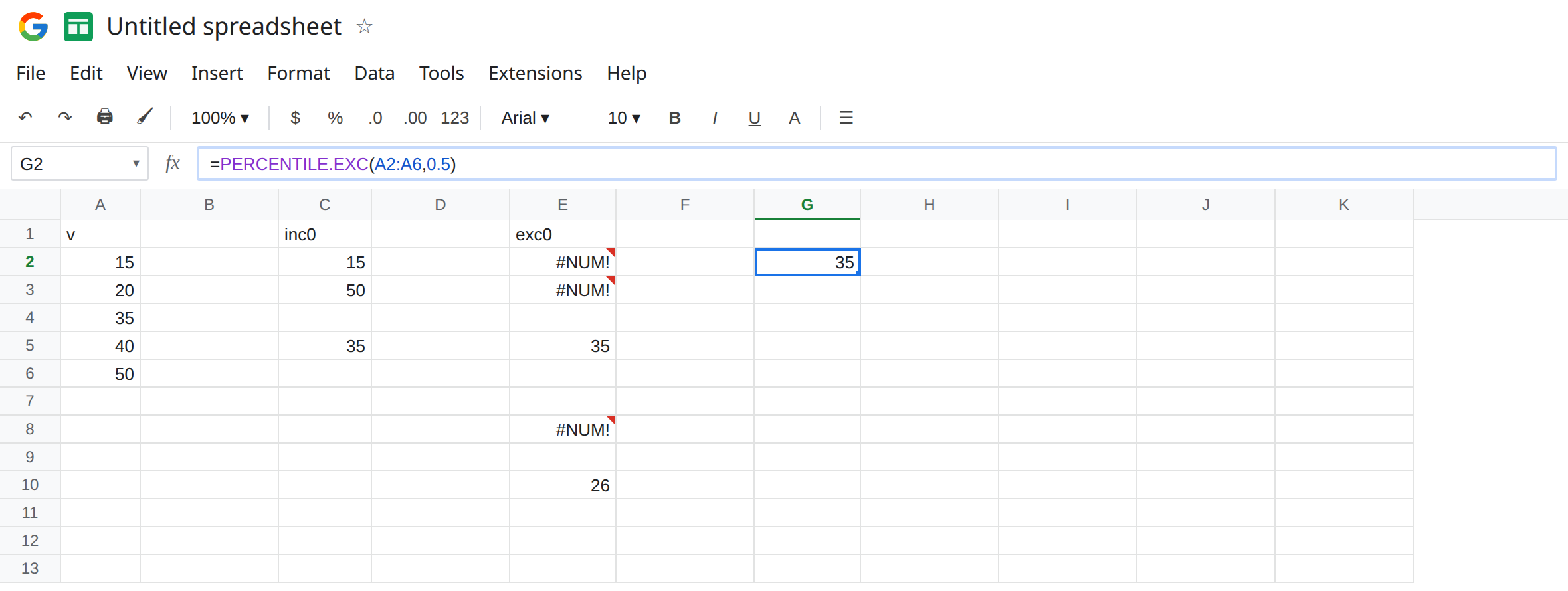 G2 selected. Formula bar shows =PERCENTILE.EXC(A2:A6,0.5). G2 is 35 with no error triangle. E2 is still #NUM! from k 0. E8 is still #NUM! from k 0.9. C2 is 15 from PERCENTILE.INC.