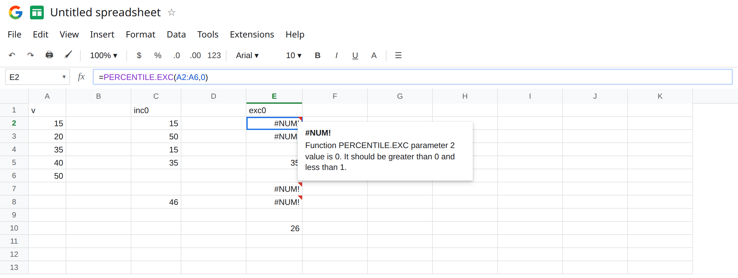 E2 selected. Formula bar shows =PERCENTILE.EXC(A2:A6,0). E2 is #NUM!. C2 is 15 from PERCENTILE.INC of the same range and k 0. A2 is 15. A6 is 50.