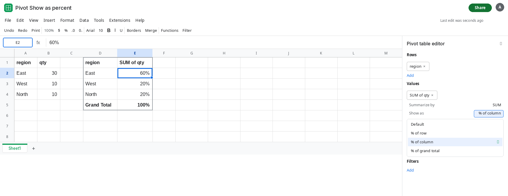 Pivot editor with qty Show as set to % of column. East is 60%, West 20%, North 20%. Source cells are still 30, 10, and 10.