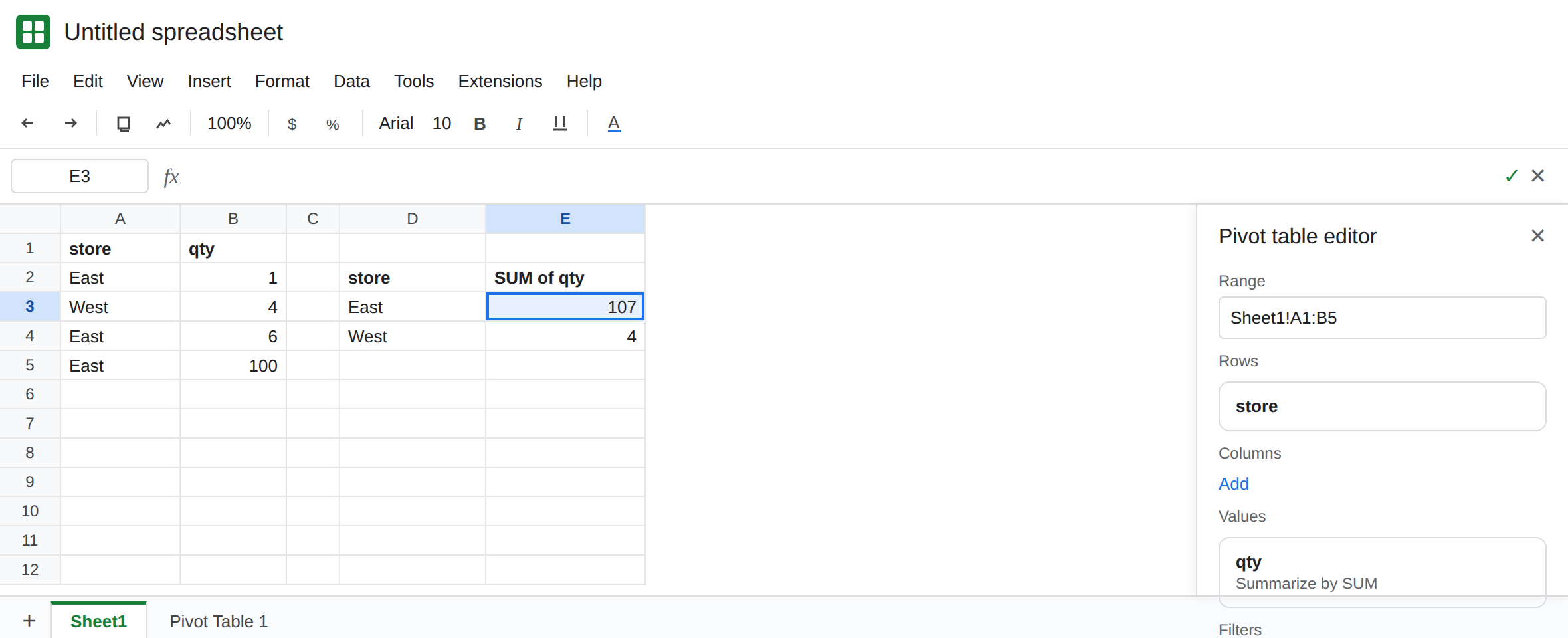 Pivot table editor range is Sheet1!A1:B5. East is 107. West is 4. Sheet1 B5 is 100 and is inside the range.