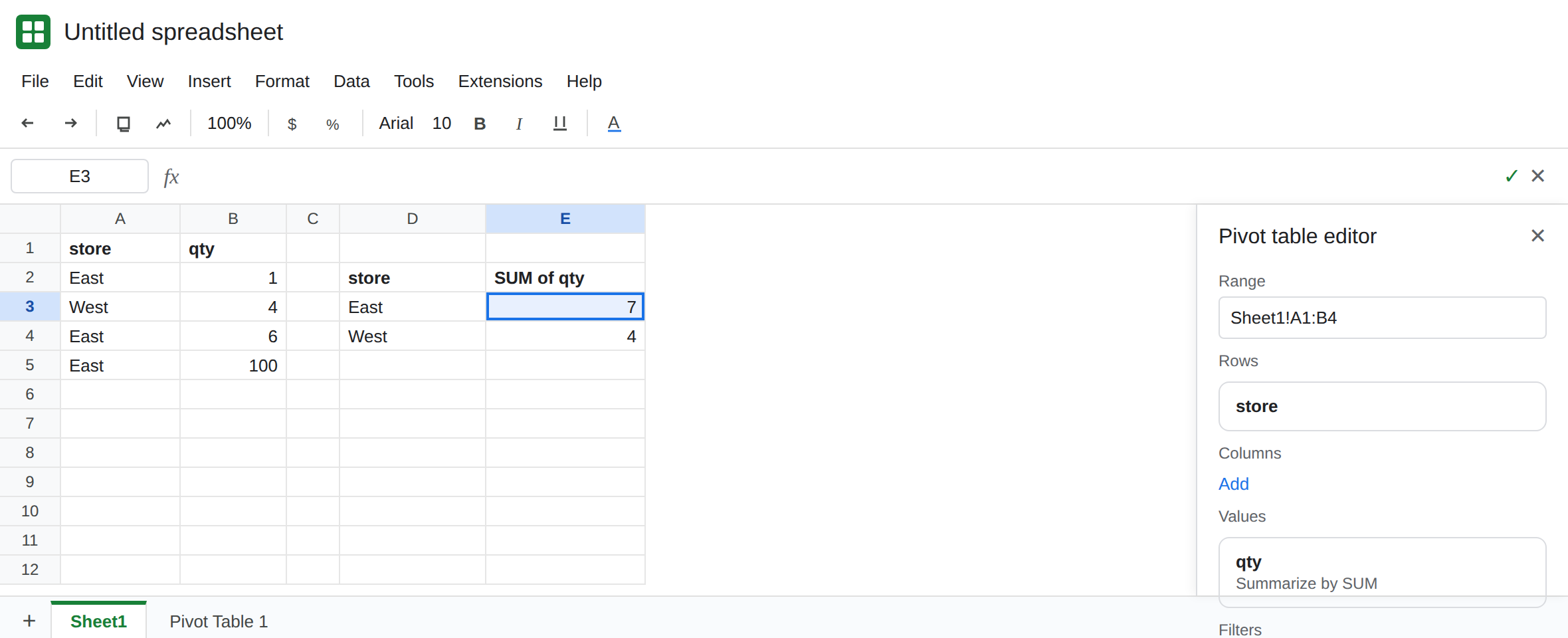 Pivot table editor shows the source range Sheet1!A1:B4. The pivot lists East as 7. On Sheet1, A5 is East and B5 is 100, outside that range. West is 4.