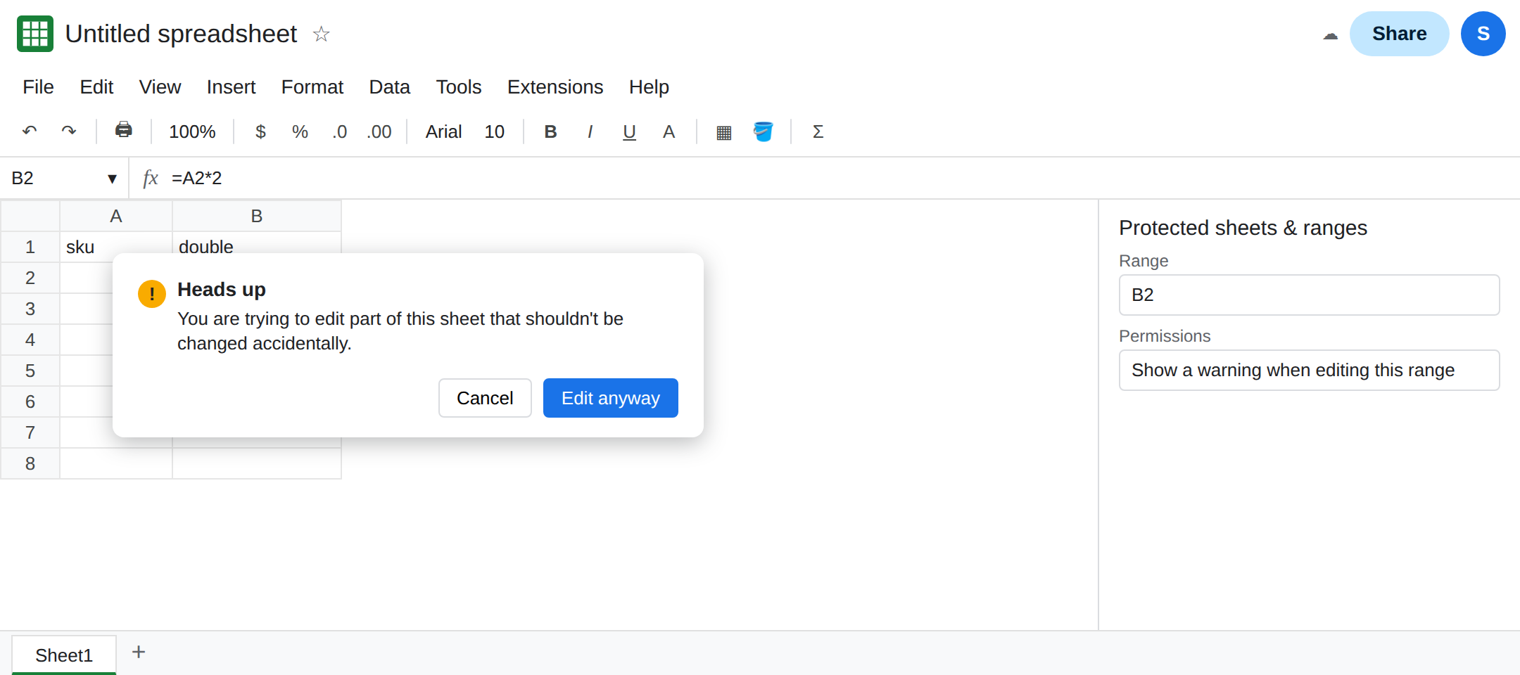 B2 selected. A dialog says you are trying to edit part of this sheet that should not be changed accidentally, with an Edit anyway button. The formula bar shows the cell can be changed from =A2*2.