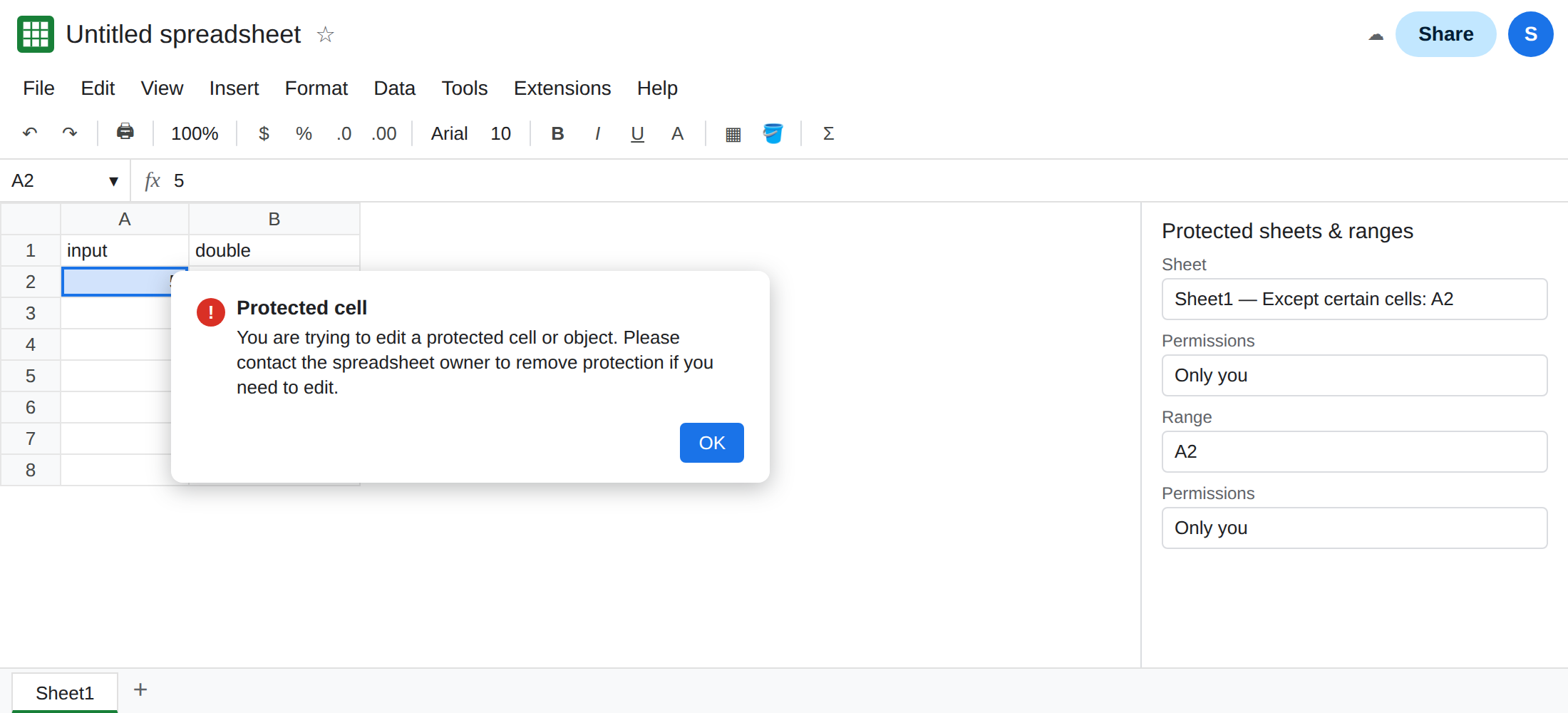 Signed in as an editor. A2 is selected. A dialog says You are trying to edit a protected cell or object. The owner sidebar lists a sheet protection except A2 and a separate range protection on A2 set to Only you.