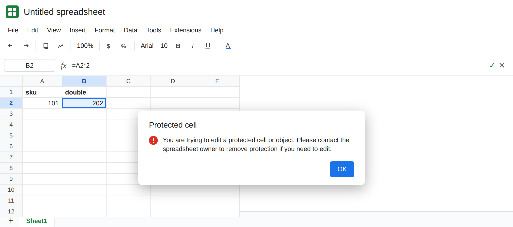B2 selected while signed in as an editor who is not on the allow list. Formula bar shows =A2*2. A dialog says You are trying to edit a protected cell or object. Please contact the spreadsheet owner to remove protection if you need to edit. B2 still shows 202.