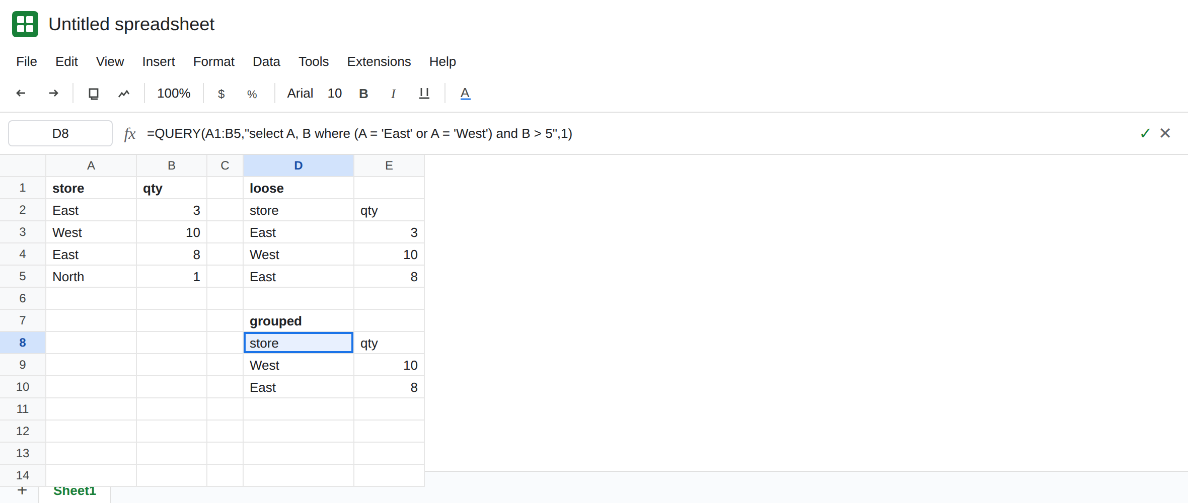 D8 selected. Formula bar shows a QUERY with parentheses around the East or West test, then and B > 5. Spill is West 10 and East 8. D2 still includes East 3.