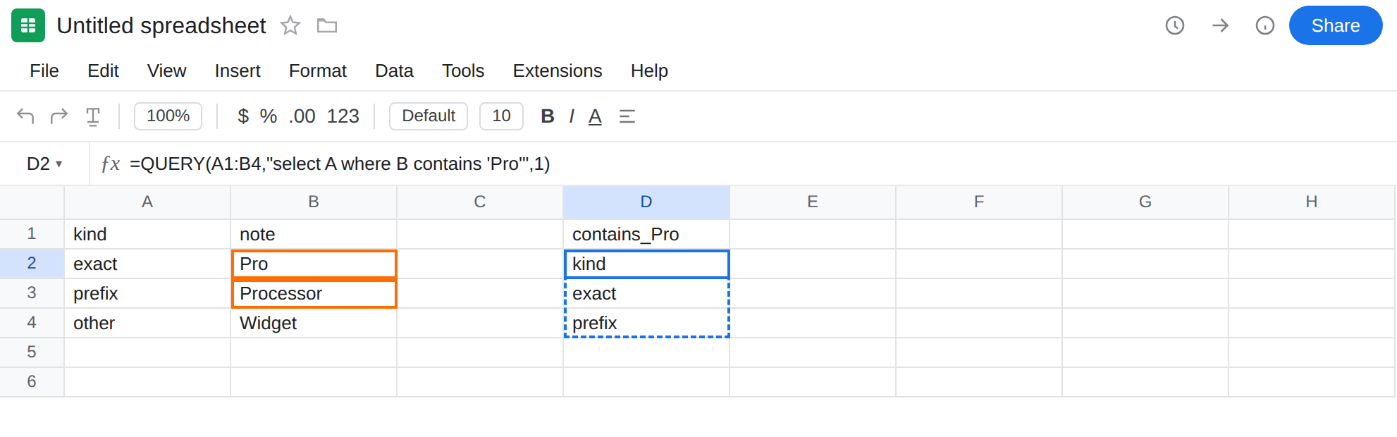 D2 selected. Formula bar shows =QUERY(A1:B4,"select A where B contains 'Pro'",1). Spill is kind / exact / prefix. B2 is Pro. B3 is Processor.