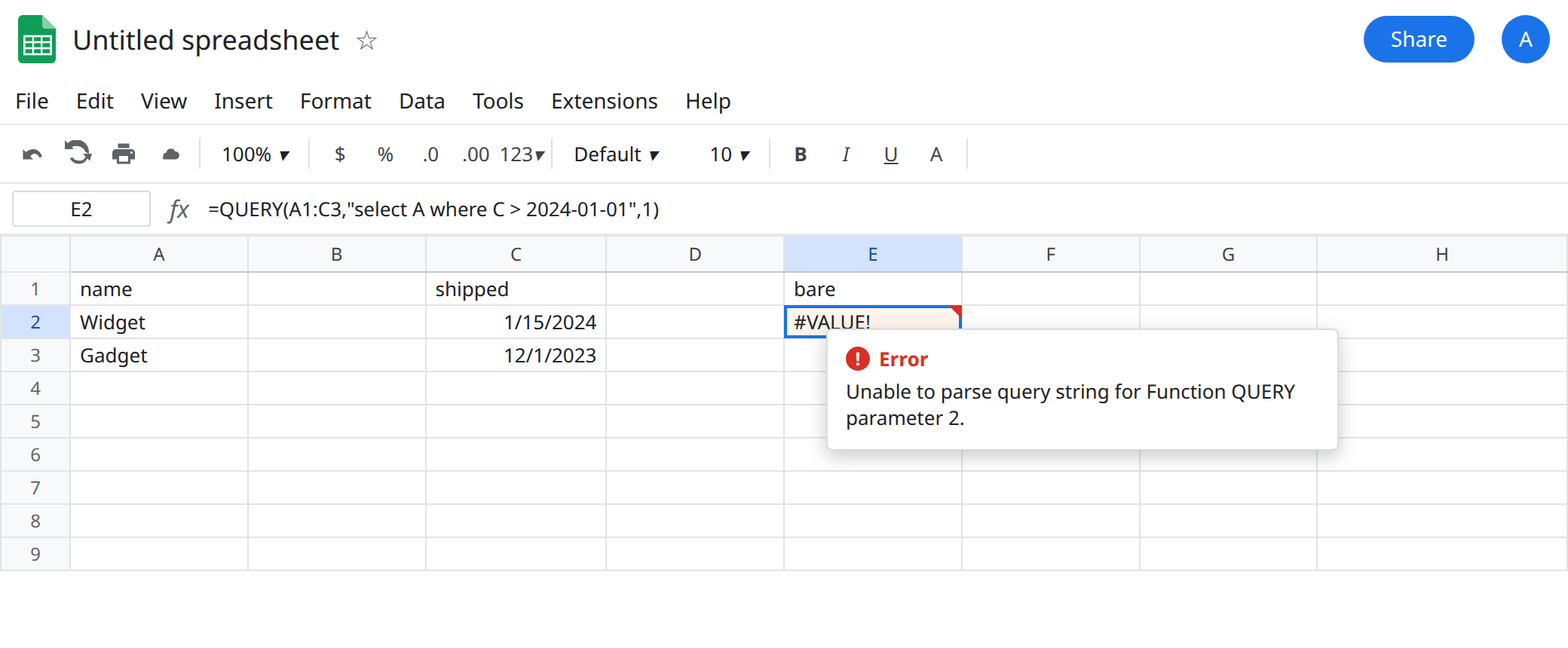 E2 selected. Formula bar shows =QUERY(A1:C3,"select A where C > 2024-01-01",1). E2 is #VALUE!. Tooltip starts Unable to parse query string for Function QUERY parameter 2. C2 is a real date 2024-01-15.
