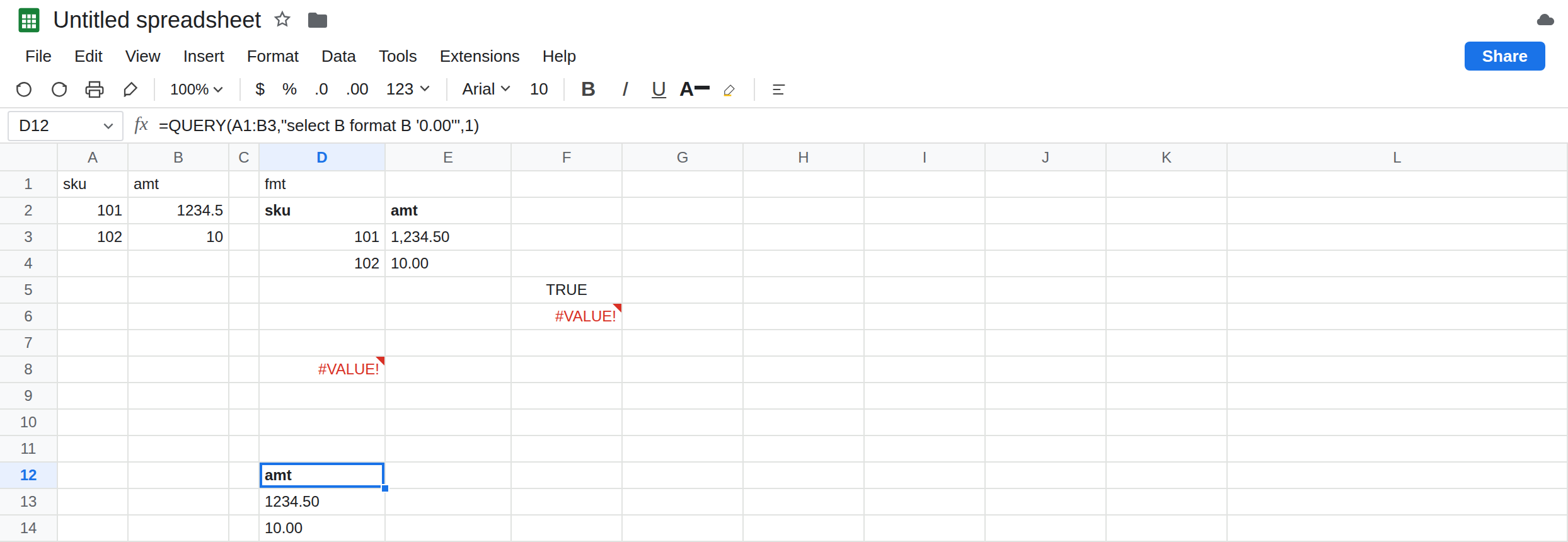 D12 selected. Formula bar shows QUERY select B format B '0.00'. The spill is 1234.50 and 10.00. D8 is still #VALUE! from where B > 10,5. F6 is still #VALUE! from adding 1 to the formatted text.