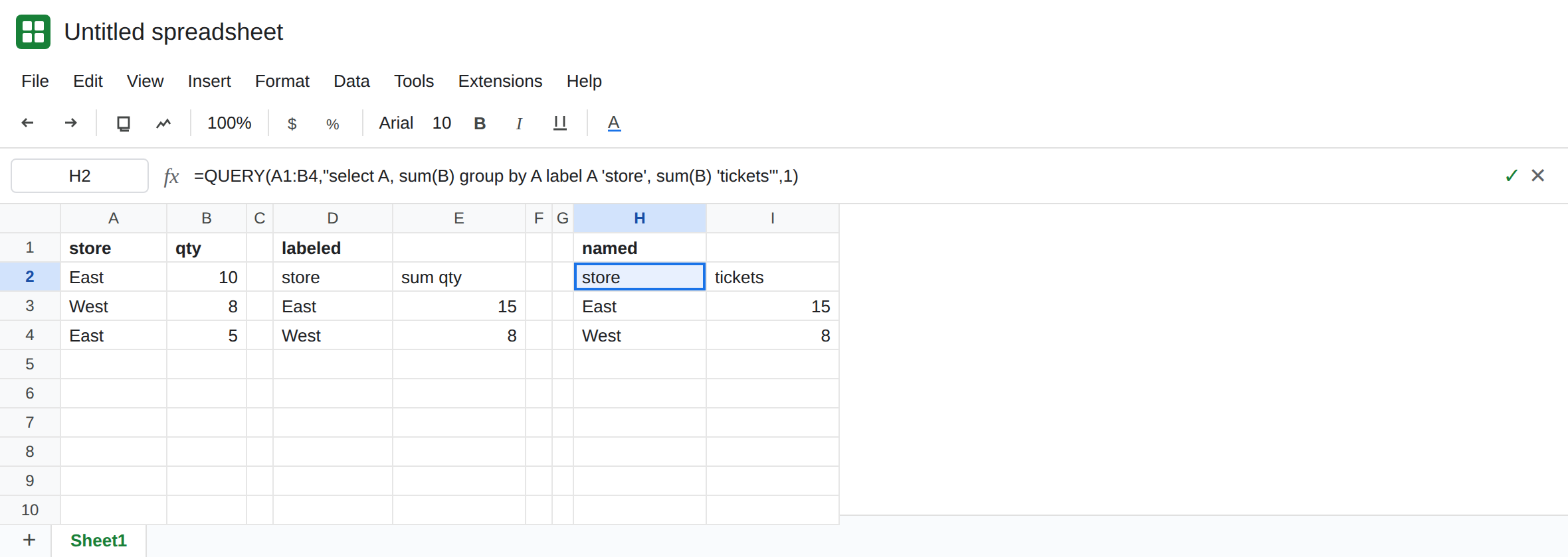 H2 selected. Formula bar shows a QUERY with label A 'store', sum(B) 'tickets'. Headers are store and tickets. East is 15. D2 still shows sum qty.