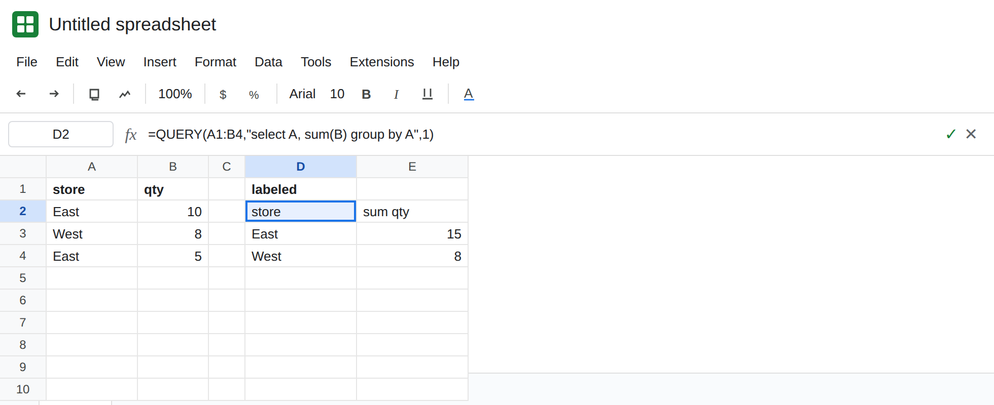 D2 selected. Formula bar shows =QUERY(A1:B4,"select A, sum(B) group by A",1). The spill header is store and sum qty. East is 15. West is 8. No error triangle.