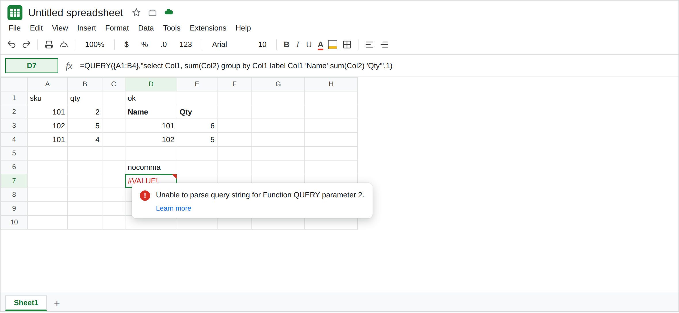 D7 selected. Formula bar shows a QUERY label clause Col1 'Name' sum(Col2) 'Qty' with no comma between the pairs. D7 is #VALUE!. Tooltip: Unable to parse query string. D2 still spills Name and Qty.