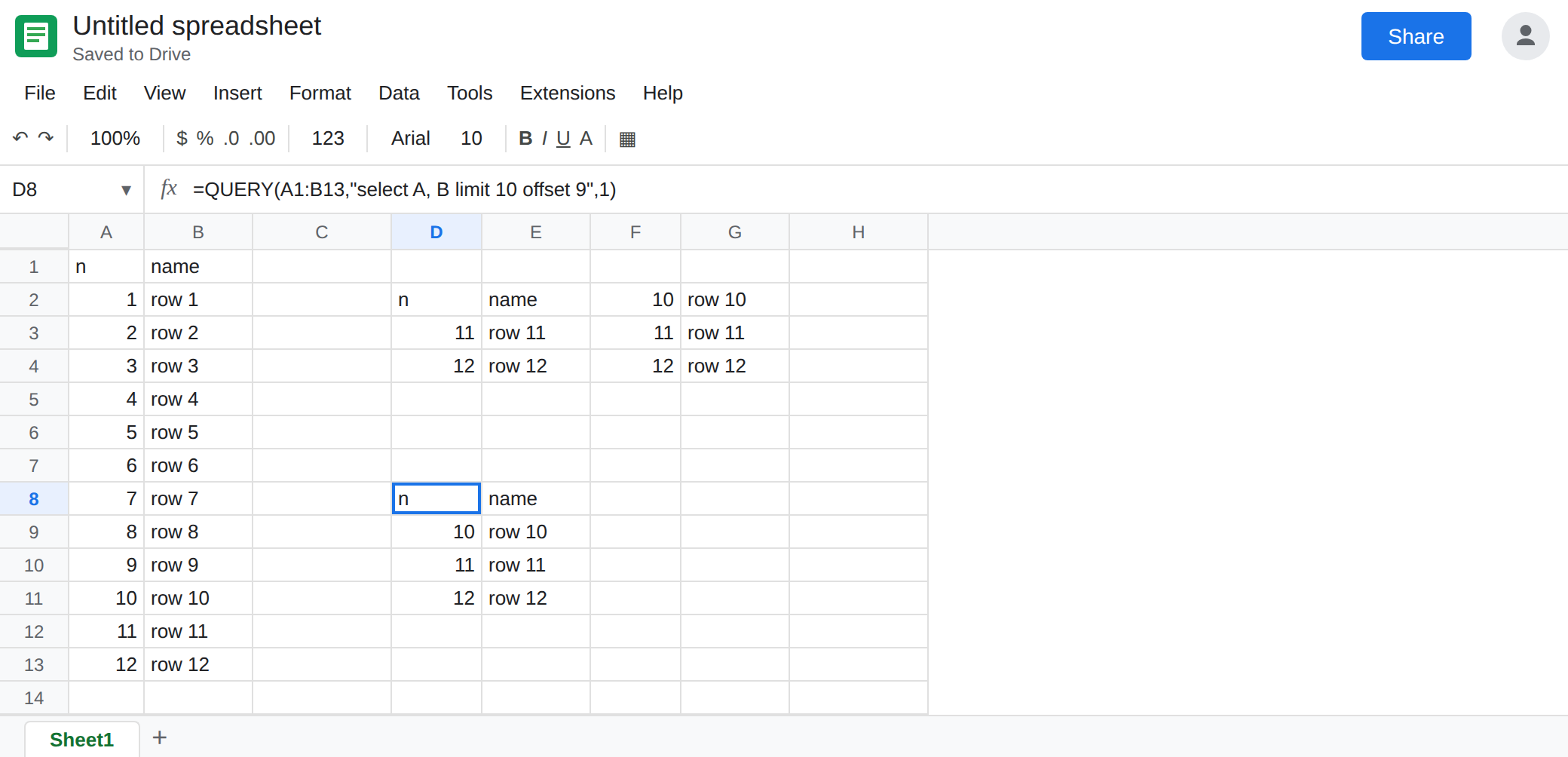 D8 selected. Formula bar shows QUERY limit 10 offset 9 with headers 1. The first data row is 10. D2 still starts at 11. F2 still has no header.