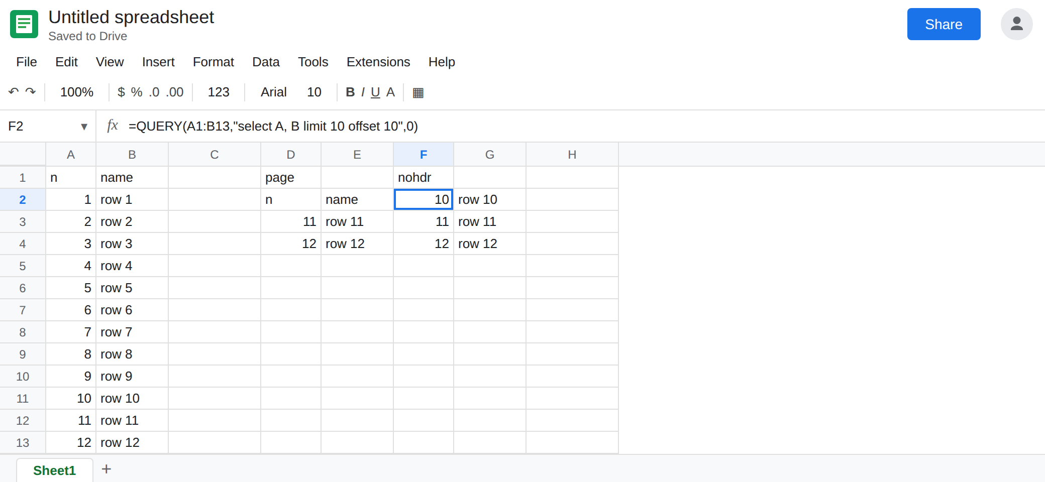 F2 selected. Formula bar shows QUERY with limit 10 offset 10 and headers 0. The spill has no n/name header. D2 still shows the header plus rows 11 and 12.