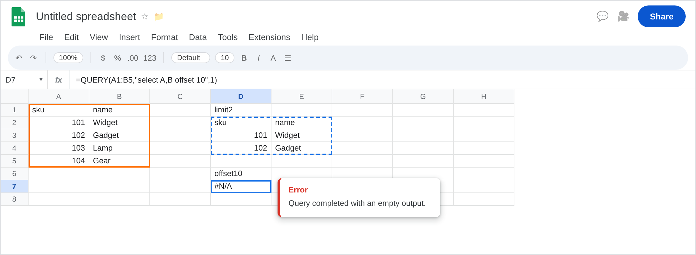 D7 selected. Formula bar shows =QUERY(A1:B5,"select A,B offset 10",1). D7 is #N/A. Tooltip: Query completed with an empty output. D2 still spills two products. A2:A5 is 101–104.