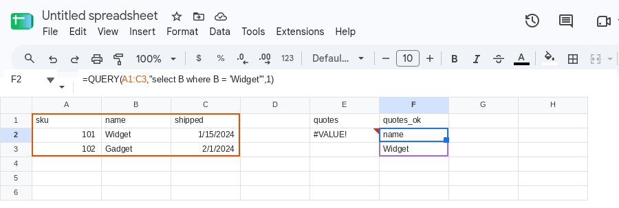 F2 selected. Formula bar shows =QUERY(A1,"select B where B = 'Widget'",1). Spill is name / Widget. E2 is still #VALUE!.