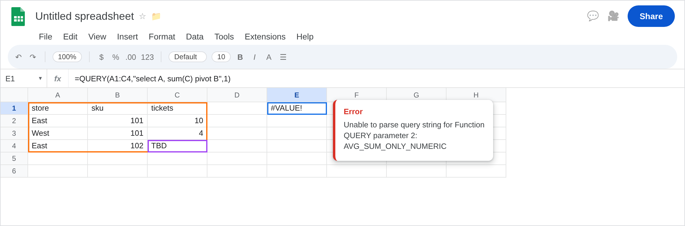 E1 selected. Formula bar shows =QUERY(A1:C4,"select A, sum(C) pivot B",1). E1 is #VALUE!. Tooltip: AVG_SUM_ONLY_NUMERIC. C4 is TBD. B column is sku 101 / 101 / 102.
