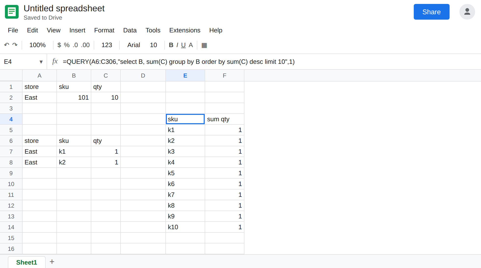 E4 selected. Formula bar shows QUERY select B, sum(C) group by B order by sum(C) desc limit 10. E4 spills ten rows, k1 through k10, each with sum qty 1.