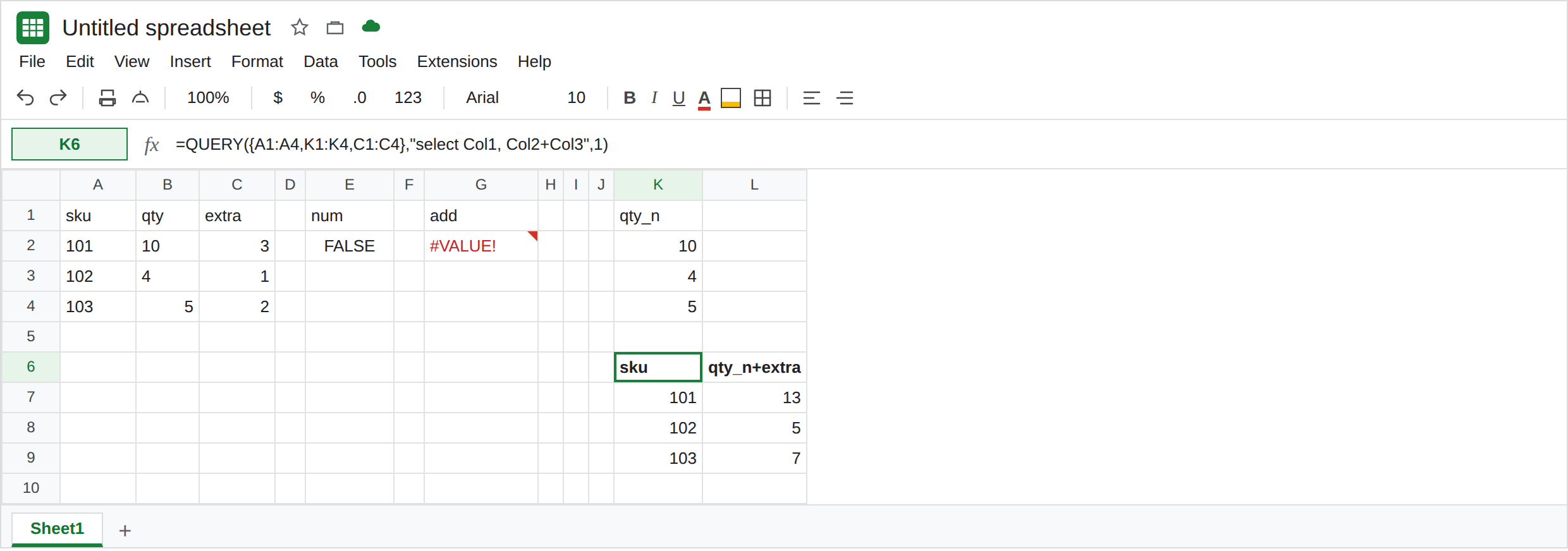 K6 selected. Formula bar shows QUERY of an array with select Col1, Col2+Col3. Spill totals are 13, 5, and 7. G2 is still #VALUE!. K2 is the number 10 from VALUE.