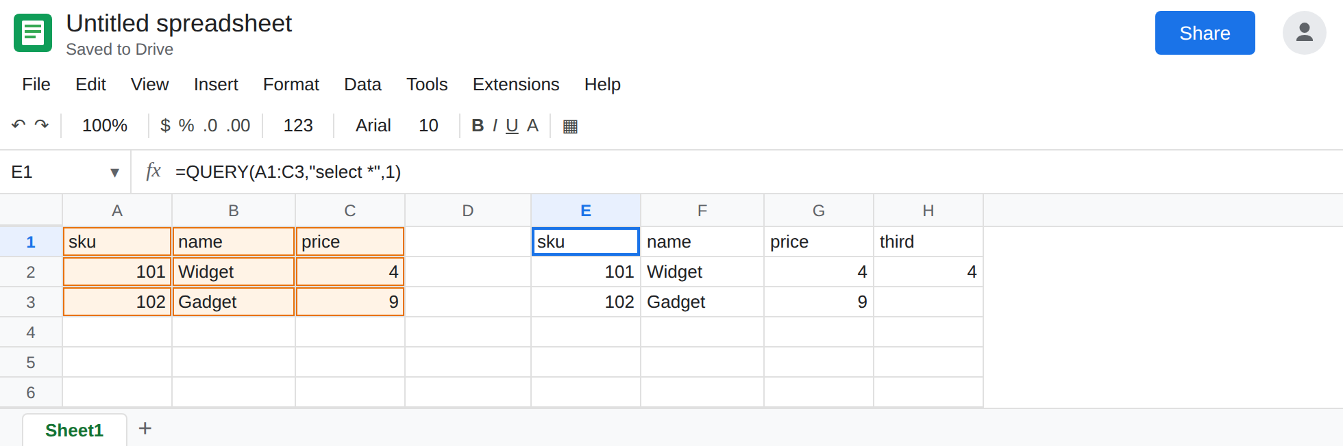E1 selected. Formula bar shows =QUERY(A1:C3,"select *",1). The spill is sku, name, price. H2 is 4 from INDEX of the third spill column.