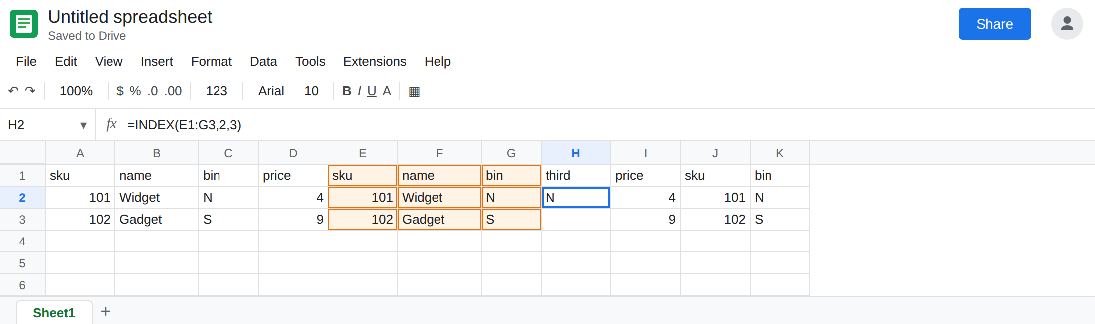 H2 selected. Formula bar shows =INDEX(E1:G3,2,3). H2 is N. The QUERY spill now has bin between name and price. C1 is bin. D1 is price.