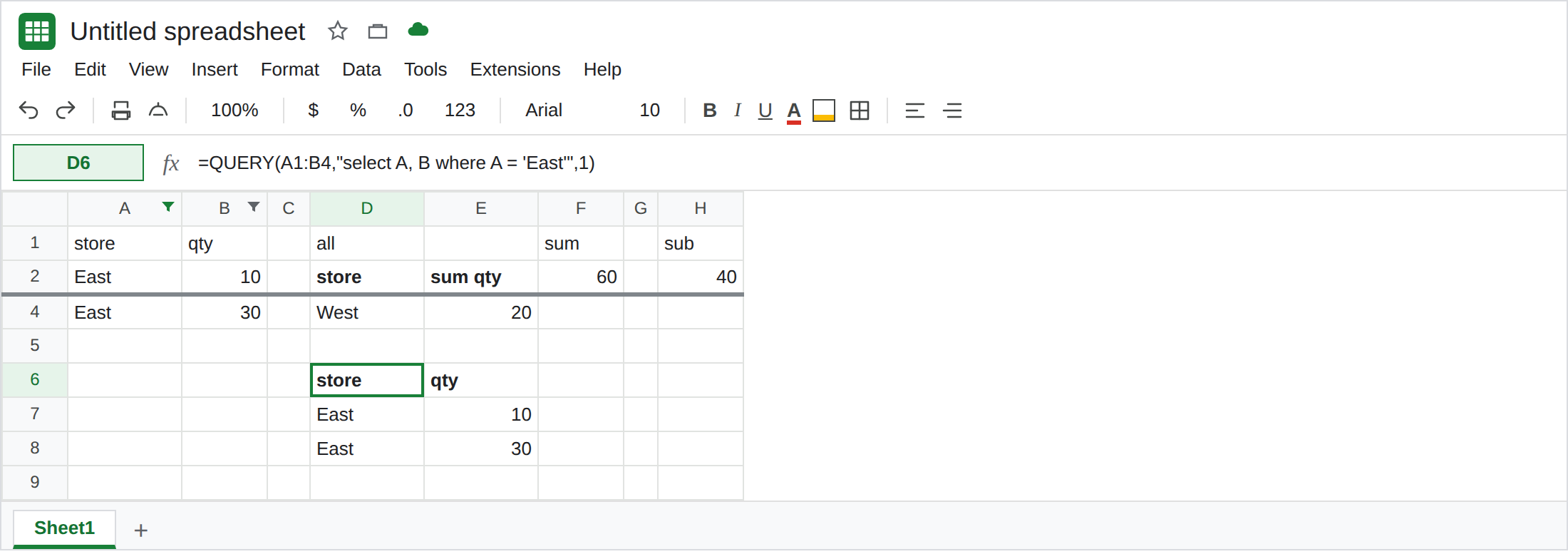 D6 selected. Formula bar shows a QUERY where A = 'East'. Spill is East 10 and East 30. D2 still includes West 20 while the filter hides row 3. H2 is 40.