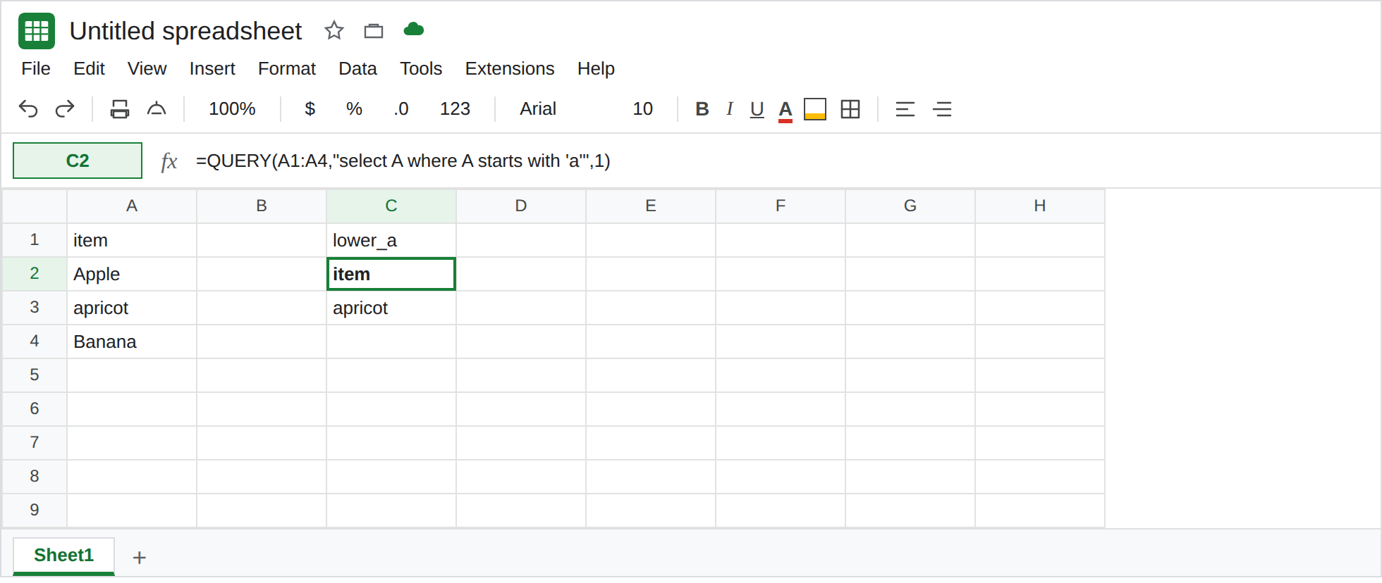 C2 selected. Formula bar shows =QUERY(A1:A4,"select A where A starts with 'a'",1). Spill is item / apricot. A2 is Apple. A4 is Banana.