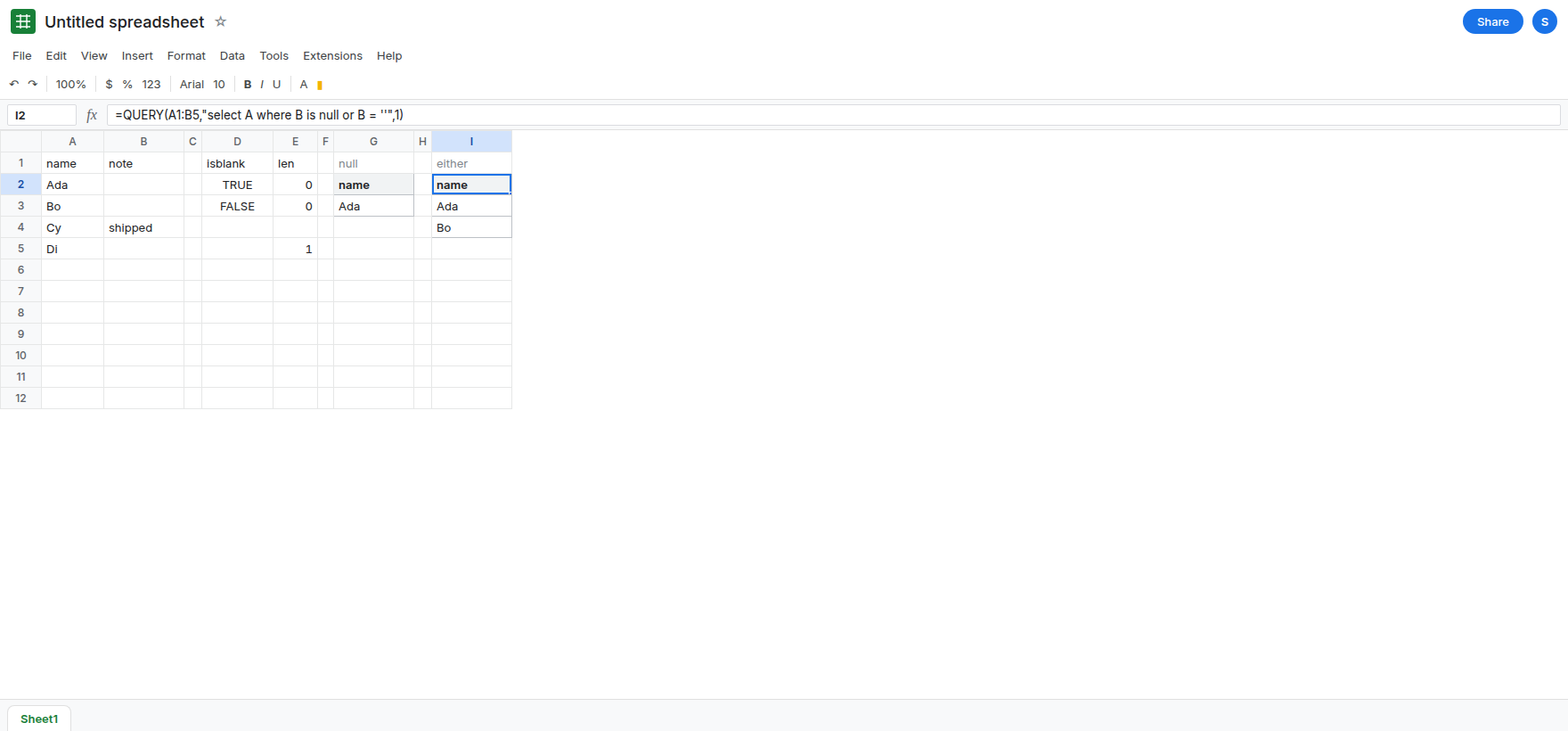 I2 selected. Formula bar shows where B is null or B = ''. The spill lists Ada and Bo. Cy and Di are absent. G2 still lists Ada only.