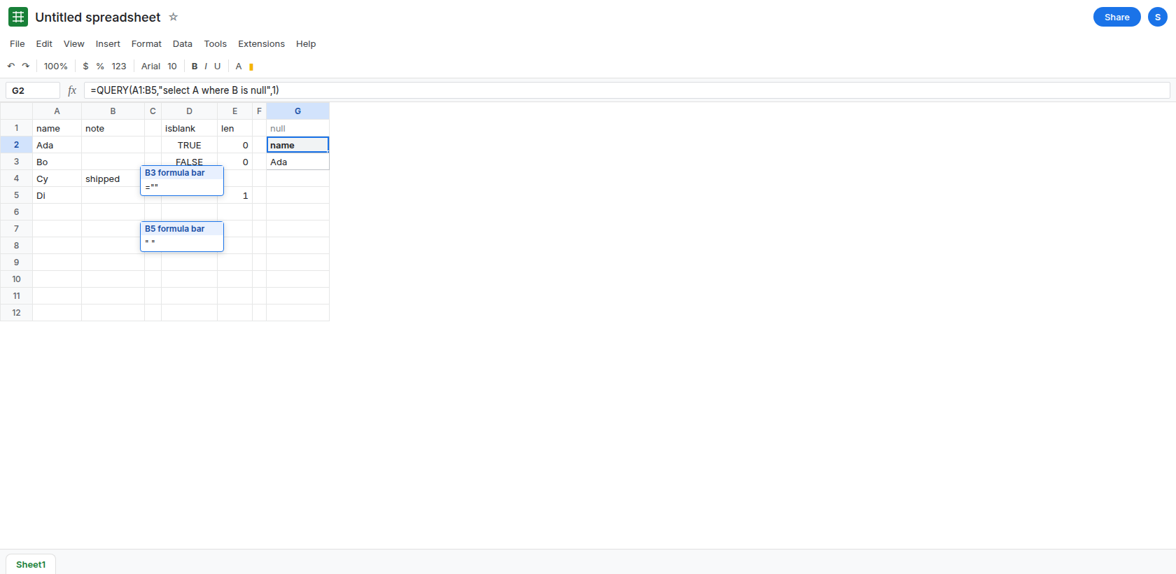 G2 selected. Formula bar shows QUERY select A where B is null. The spill is Ada. B3's formula bar shows an empty string formula. D3 is FALSE. Di's note is a space.