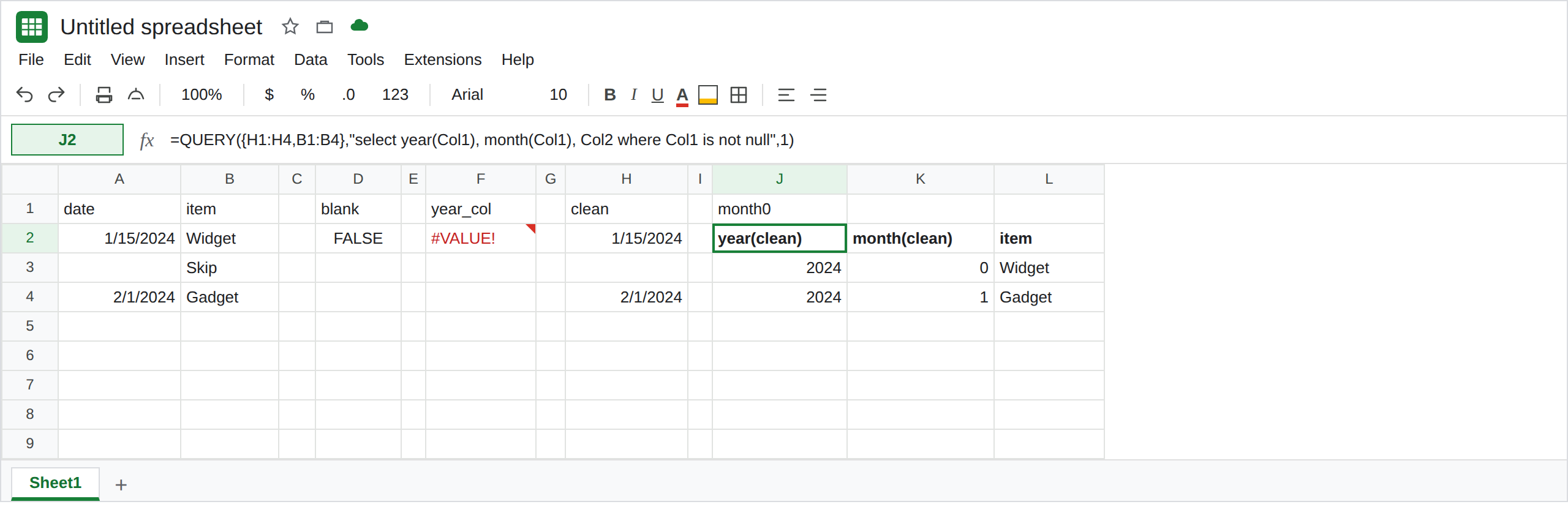 J2 selected. A QUERY on the cleaned column returns year 2024, month 0, Widget, then year 2024, month 1, Gadget. F2 is still #VALUE!. H3 is blank.