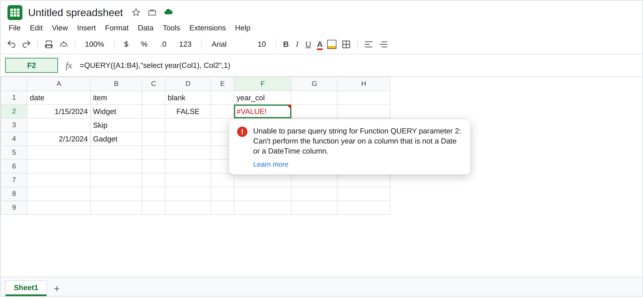 F2 selected. Formula bar shows =QUERY({A1:B4},"select year(Col1), Col2",1). F2 is #VALUE!. The tooltip says year cannot run on a column that is not a Date or a DateTime column. A3's formula is ="". D2 is FALSE from ISBLANK.