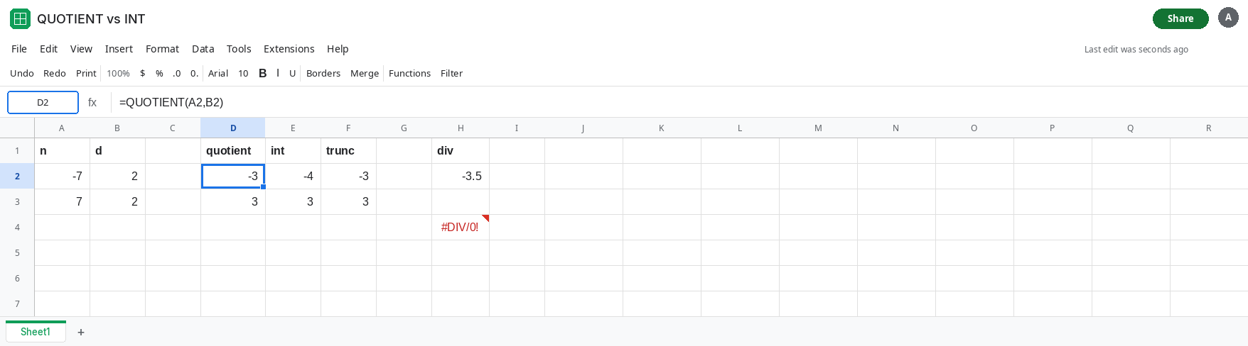 D2 selected. Formula bar shows =QUOTIENT(A2,B2). D2 is -3. E2 is -4 from INT of A2/B2. A2 is -7. B2 is 2. F2 is -3 from TRUNC. No error triangle.