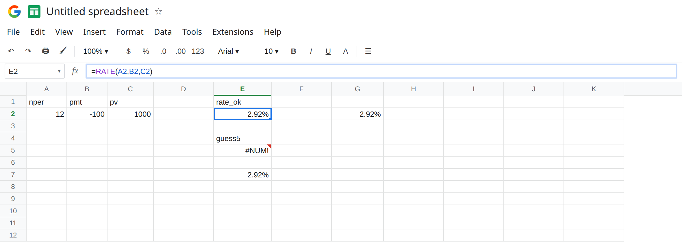 E2 selected. Formula bar shows =RATE(A2,B2,C2). E2 is about 2.92% with no error triangle. E5 is still #NUM! from guess 5. B2 is -100. C2 is 1000.