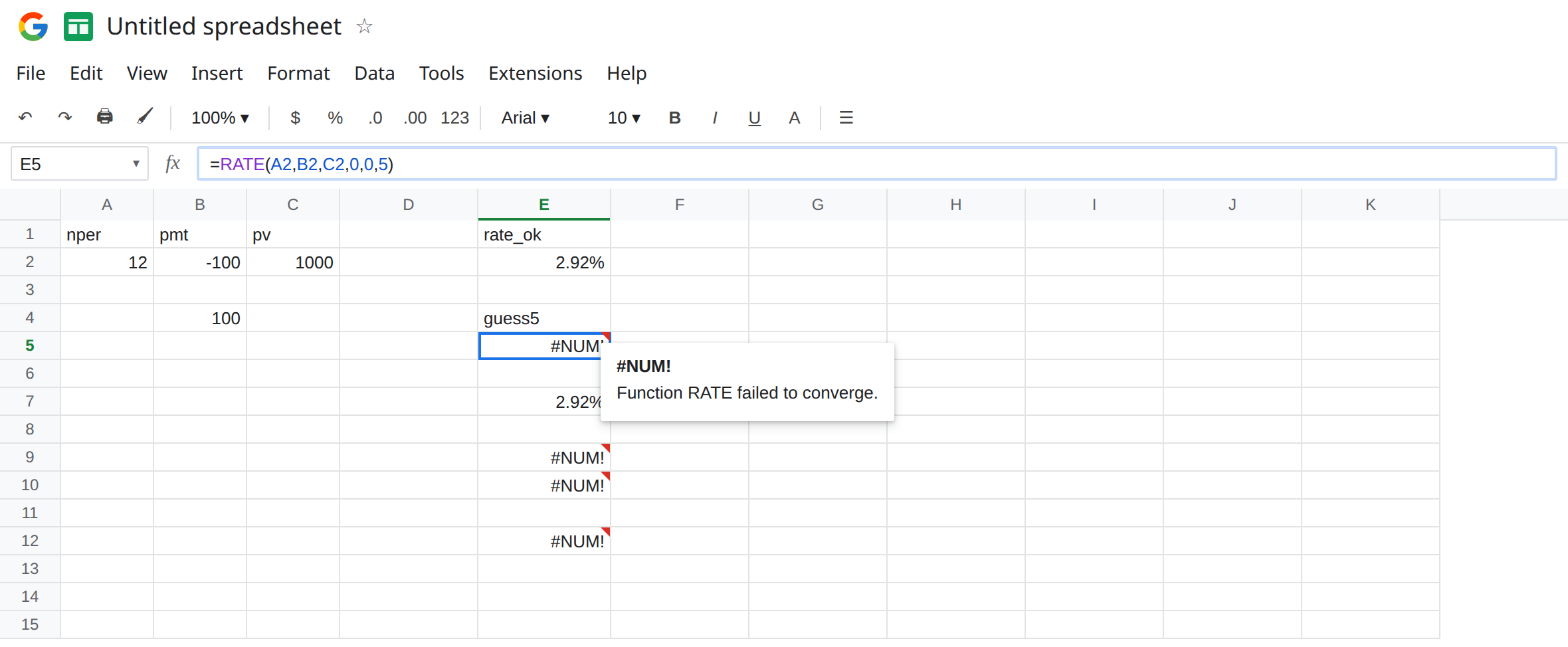 E5 selected. Formula bar shows =RATE(A2,B2,C2,0,0,5). E5 is #NUM!. E2 is about 2.92% from RATE(A2,B2,C2) with no guess. B2 is -100. C2 is 1000. A2 is 12.