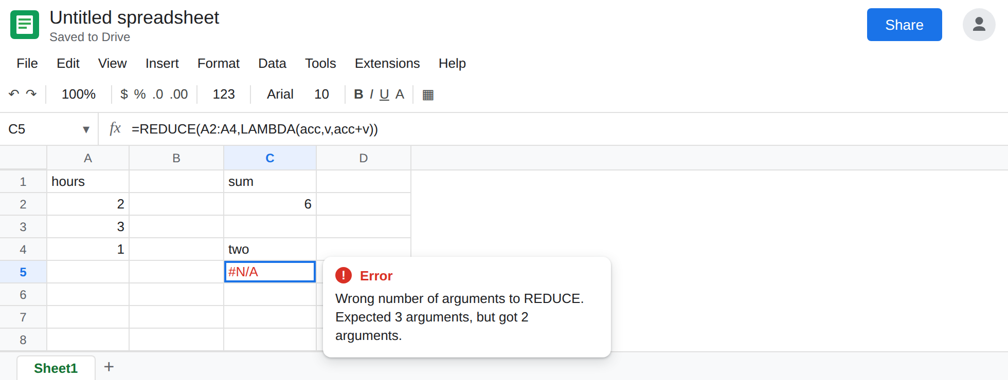 C5 selected. Formula bar shows =REDUCE(A2:A4,LAMBDA(acc,v,acc+v)). C5 is #N/A. Tooltip: Wrong number of arguments to REDUCE. Expected 3 arguments, but got 2 arguments. C2 is 6.