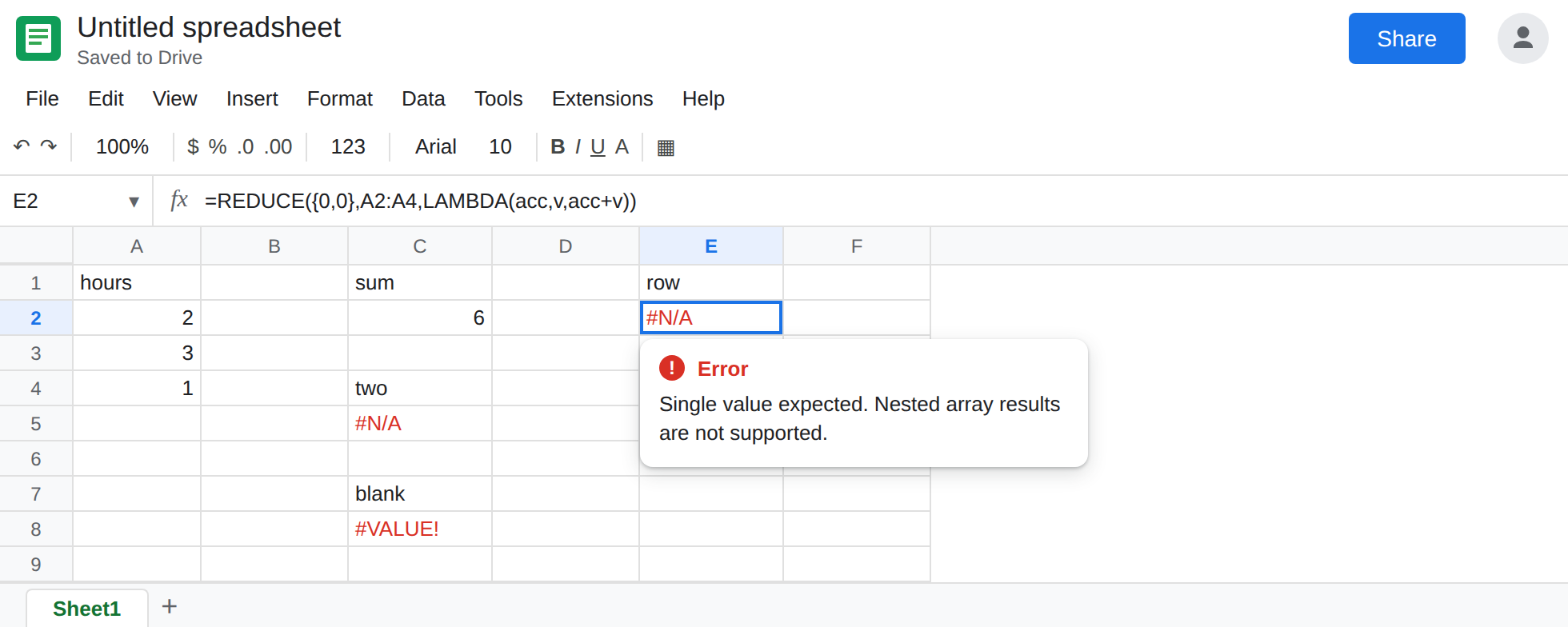 E2 selected. Formula bar shows =REDUCE({0,0},A2:A4,LAMBDA(acc,v,acc+v)). E2 is #N/A. Tooltip: Single value expected. Nested array results are not supported. C2 is 6. C8 is #VALUE!.