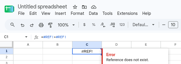 C1 selected. Formula bar shows =#REF!+#REF!. C1 is #REF! after A1 were deleted with shift up.